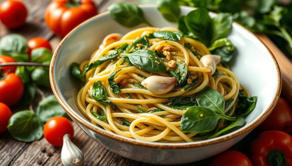 healthy spinach garlic pasta