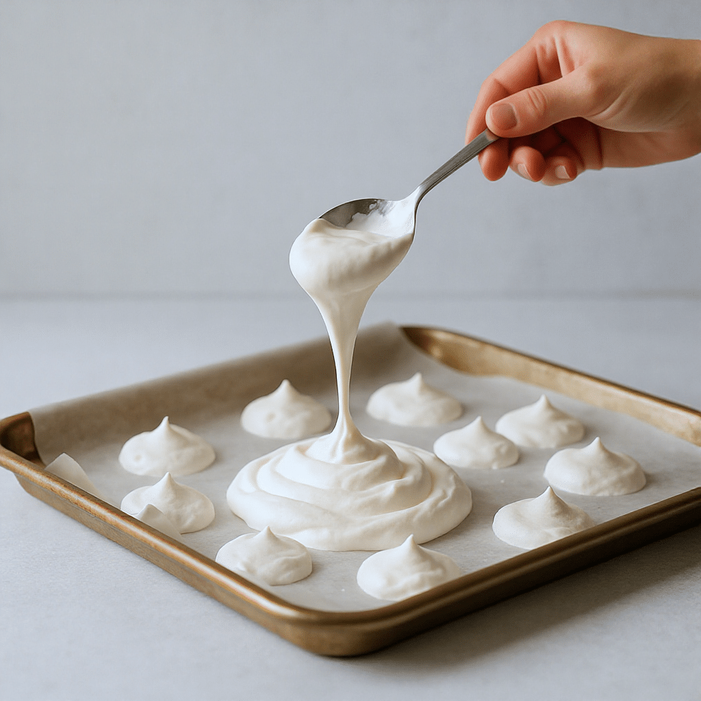 Spooning pavlova cookie mixture onto tray