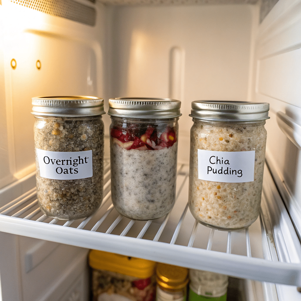 Mason jars filled with oats and chia pudding on fridge shelf