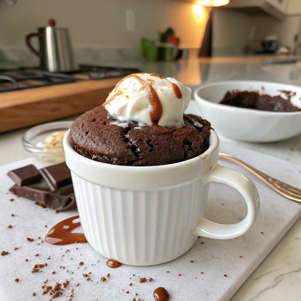  Chocolate mug cake topped with yogurt and berries in everyday kitchen