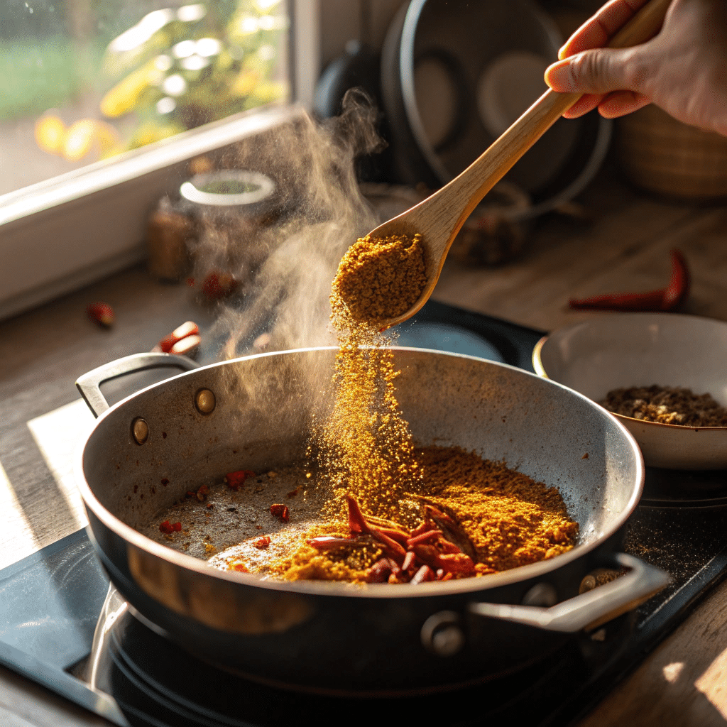 Close-up of saucepan with spices toasting in oil, hand stirring with wooden spoon.