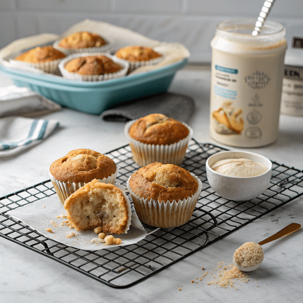 Banana protein muffins on cooling rack in a cozy kitchen setting