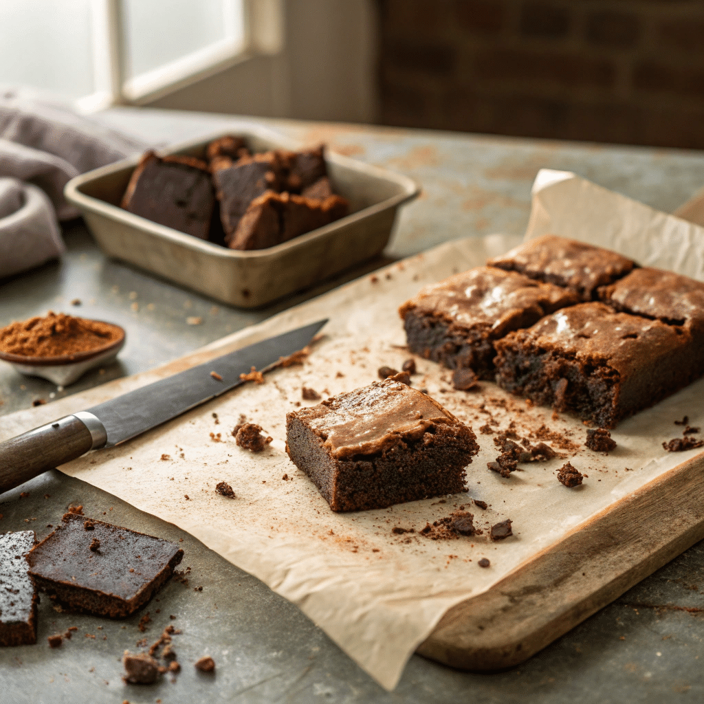 Homemade black bean brownies with crumbs and chocolate smudges