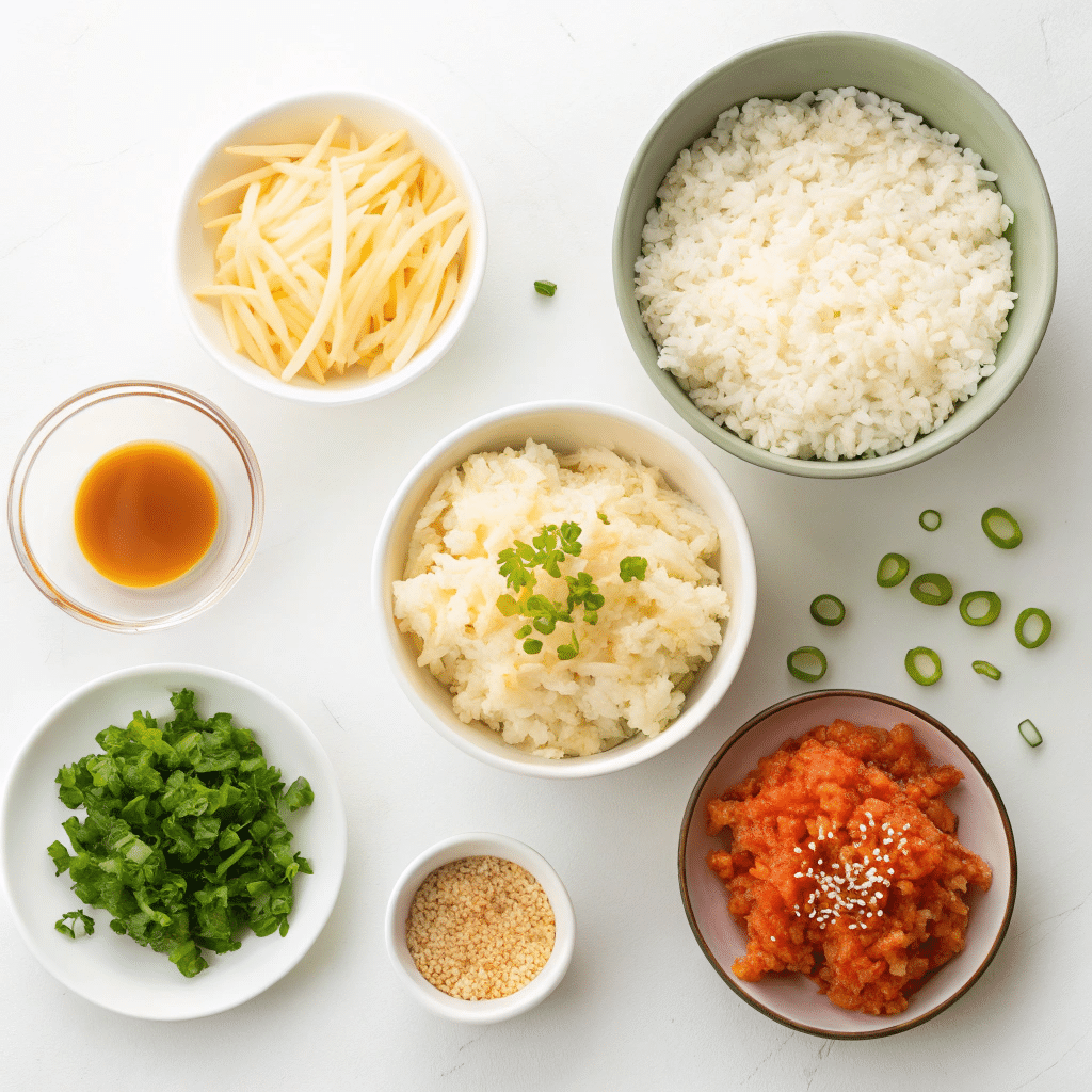 flat lay of ingredients for kimchi and cheese rice