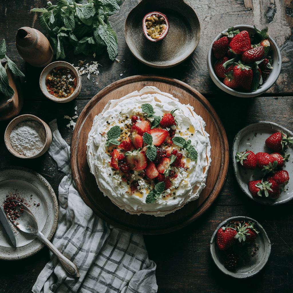 Pavlova toppings with berries and whipped cream