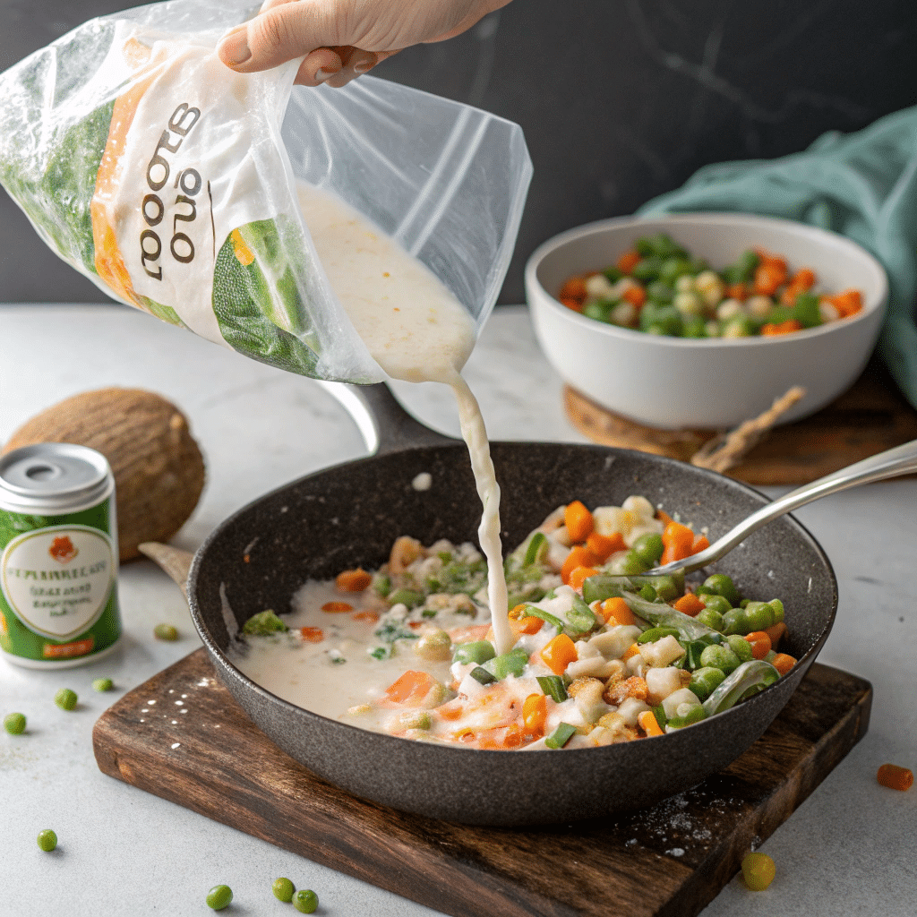 Frozen veggies being dumped into soup pot with coconut milk, can nearby.