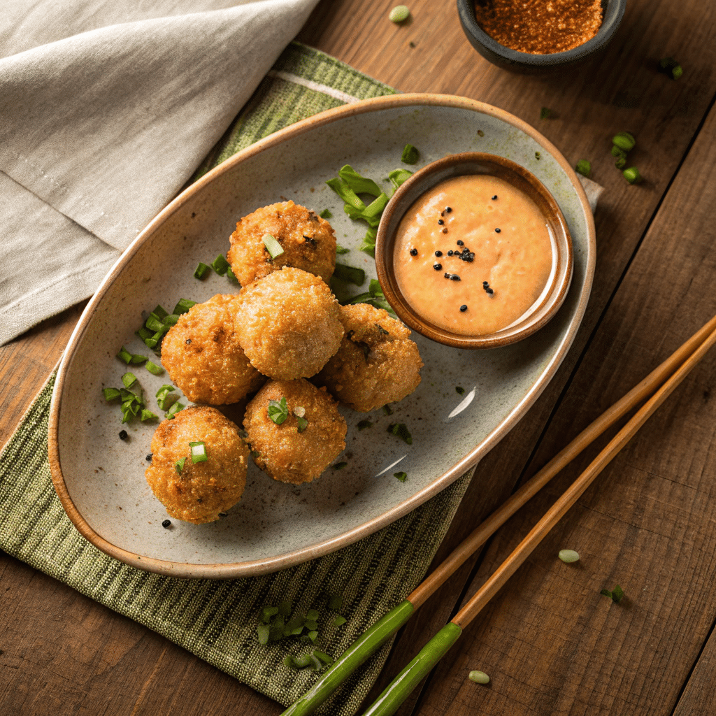 Kimchi and cheese rice balls on plate with spicy mayo