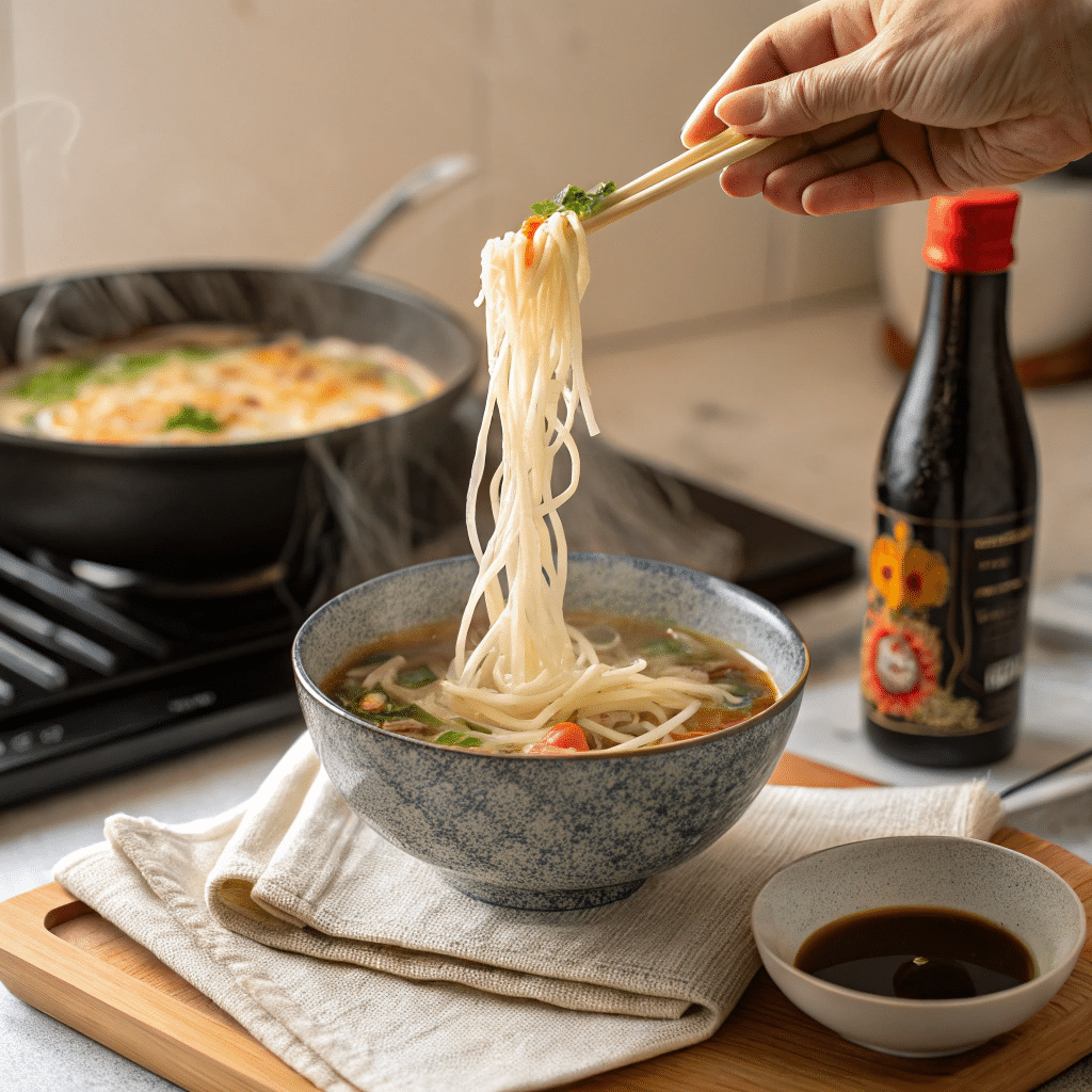 Hand adding rice noodles to soup with soy sauce bottle beside the stove.