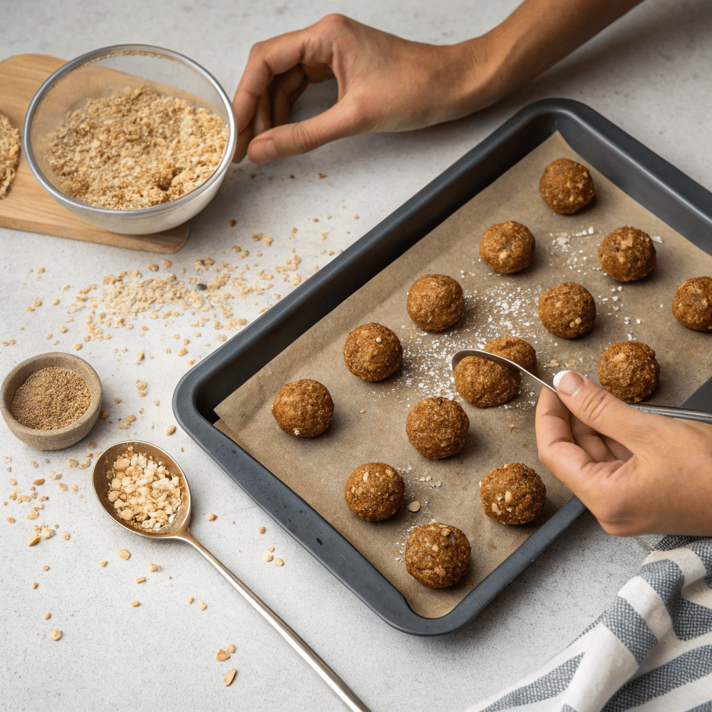 tray of almond butter energy bites mid roll hands